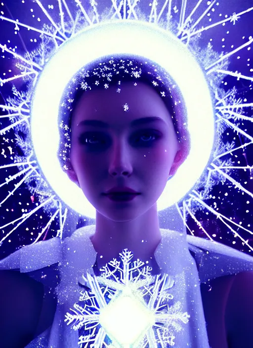 Image similar to a beautiful white queen with a giant snowflake as halo, snow particles in the background, bokeh, glowing light orbs, intricate concept art, illuminated lines, outrun, vaporware, dark background, cyberpunk darksynth, ethereal, ominous, misty, 8 k, rendered in octane, by ruan jia and jeremy mann and alphonse mucha