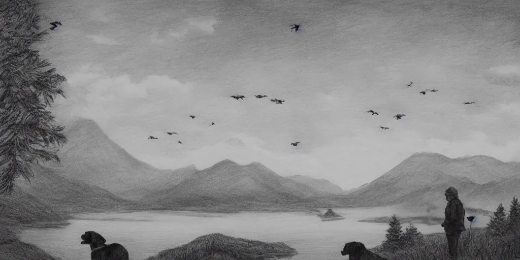 Image similar to A majestic landscape featuring a river, mountains and a forest. A group of birds is flying in the sky. There is a dog and an old man standing, wearing a backpack and staring at the sunset. Cinematic, very beautiful, pencil drawing