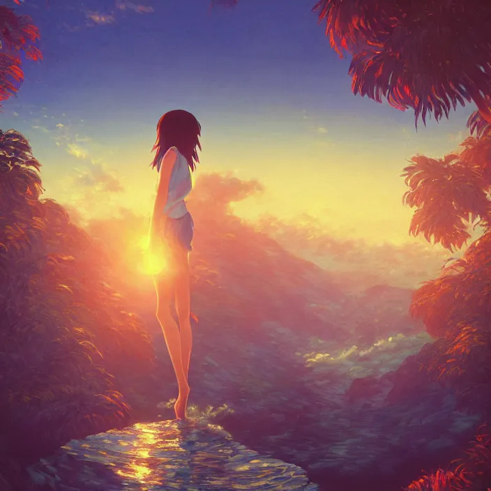 Image similar to an epic makoto shinkai and renoir landscape with a hawaiian waterfall, golden hour, 🌺, a beautiful woman with long chestnut hair, ultra smooth, octane render, lois van baarle, ilya kuvshinov