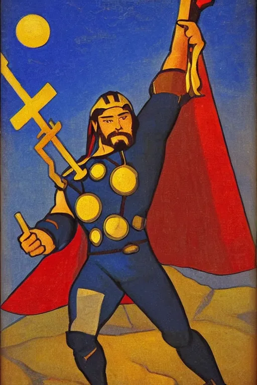 Image similar to thor with hammer, marvel, artwork by nicholas roerich,