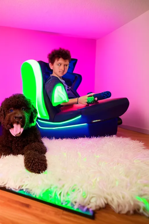 Image similar to young gamer sitting in gaming chair + neon rgb light strips, large computer monitor, galaxy themed room, cute bernedoodle puppy sitting at his feet, 4 k, award winning