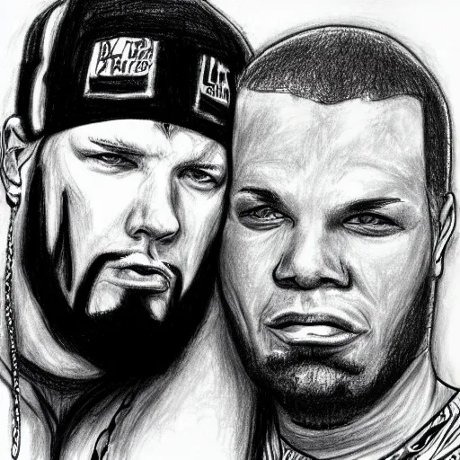 Prompt: drawing of static x singer dwayne static hugging fred durst singer of limp bizkit, drawing, sketch, realism,