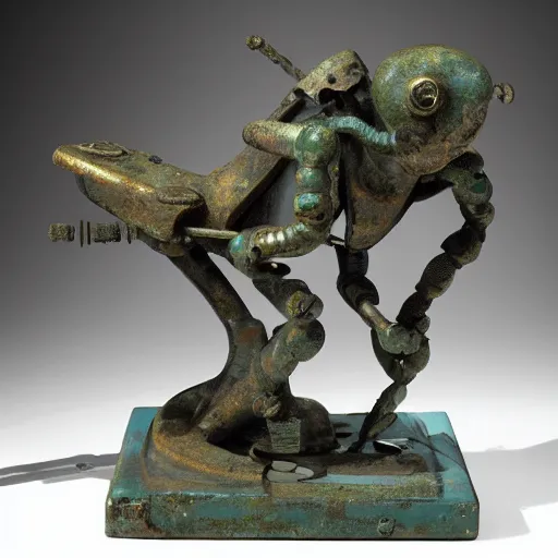 Image similar to a martian artifact in a museum, bronze, old, alien, verdigris, mechanical, gears