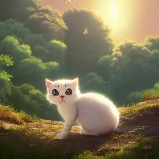 Image similar to a wholesome animation key shot of a kitten on a hill, simetrical medium shot, studio ghibli, pixar and disney animation, sharp, rendered in unreal engine 5, anime key art by greg rutkowski, bloom, dramatic lighting