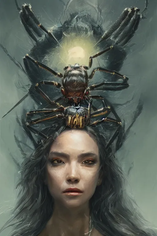 Prompt: a fancy portrait of a spider queen by Greg Rutkowski, Sung Choi, Mitchell Mohrhauser, Maciej Kuciara, Johnson Ting, Maxim Verehin, Peter Konig, final fantasy , mythical, 8k photorealistic, cinematic lighting, HD, high details, atmospheric,