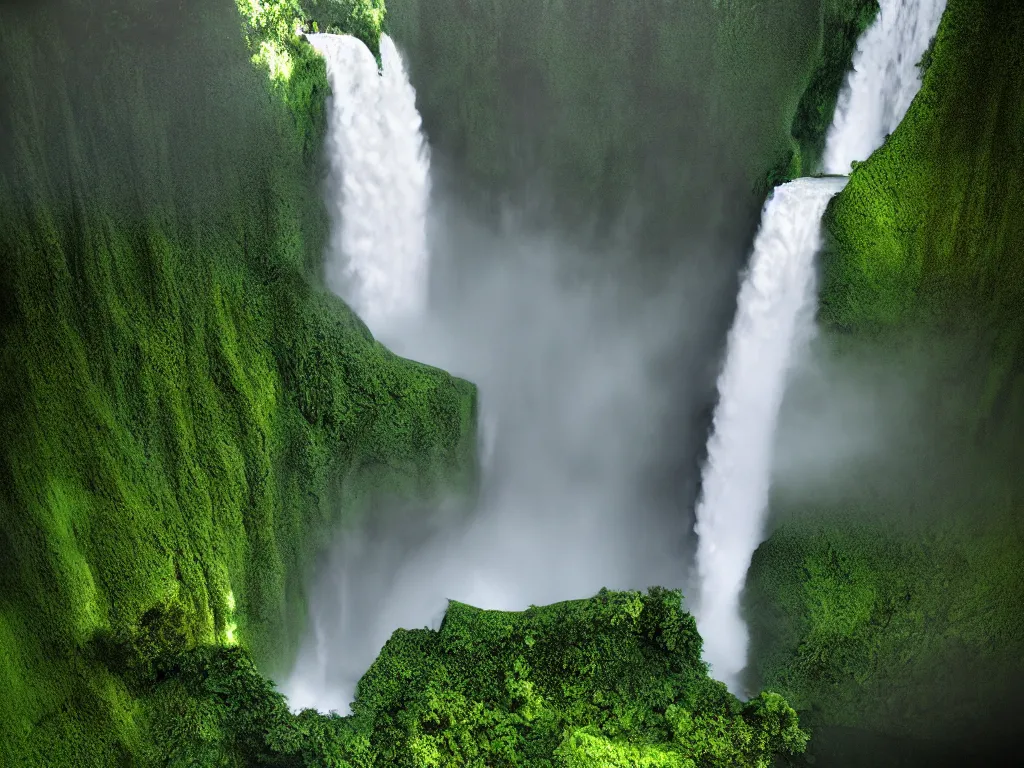 Image similar to akaka falls, maui by daniel f. gerhartz and matt stewart, fantasy, photorealistic, octane render, unreal engine, dynamic lighting, perfect, trending on artstation, poster, volumetric lighting, cinematic lighting, hyper realism, high detail, intricate, 4 k, masterpiece