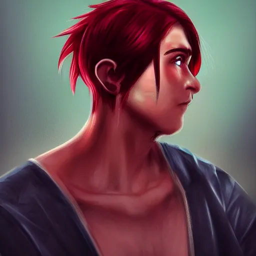 Prompt: portrait, 30 years old man :: red hair ponytail :: burned face :: high detail, digital art, RPG, concept art, illustration, Deviantart