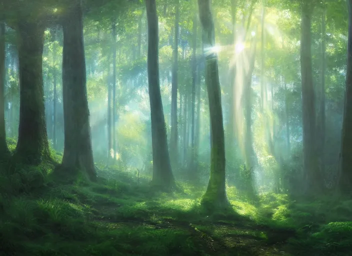 Prompt: a hyper-detailed oil painting of a fantasy forests with rays of light coming through the canopy; an extraordinary masterpiece!!!; flawless; photorealistic; trending on artstation; f/1.4; 90mm