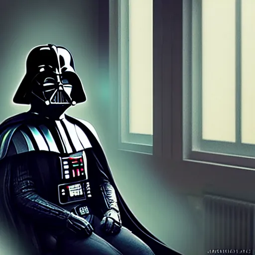 Prompt: darth vader sitting in a chair in his living room with sunlight pouring in through a window, portrait, fantasy, beautiful face, vivid colors, elegant, concept art, sharp focus, digital art, hyper - realistic, 4 k, unreal engine, highly detailed, hd, dramatic lighting by brom, trending on artstation
