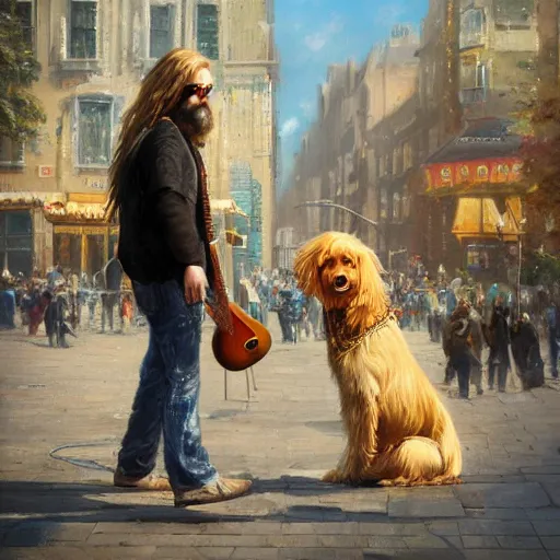 Prompt: oil painting of a man with long hair blond and a beard hippie style with his golden retrever dog playing guitar in the square for money, people watching around, by greg rutkowski, artstation