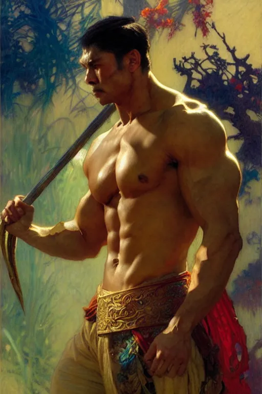 Image similar to attractive muscular man, wuxia, colorful, painting by gaston bussiere, craig mullins, greg rutkowski, alphonse mucha