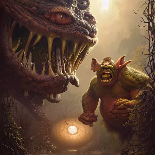 Image similar to a hyperrealistic illustration of a mix of an oger and giant and goblin, 8 k ultra realistic creature, detailed intricate, with fractal sunlight, award - winning, masterpiece, in the style of tom bagshaw, cedric peyravernay, peter mohrbacher