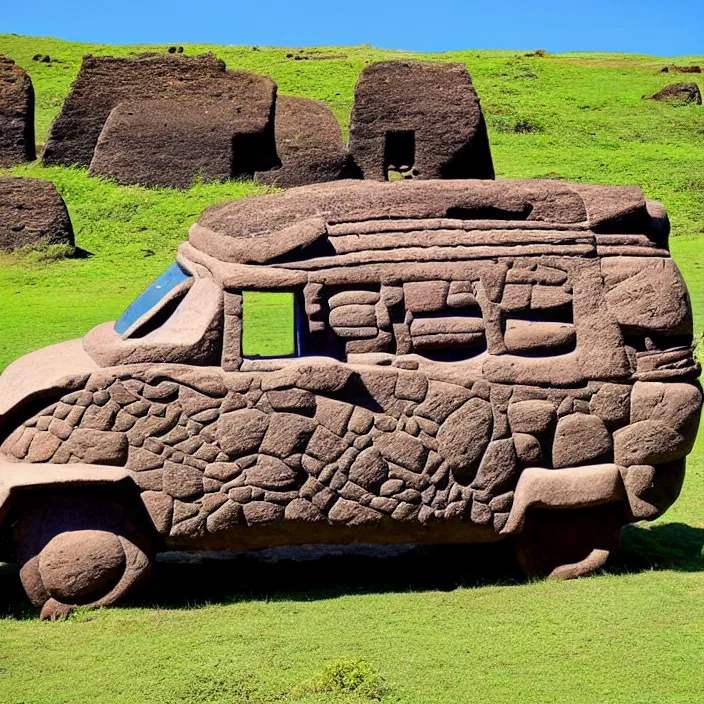 Image similar to ancient vw bus made of stone on the besch, moai from rapa nui style