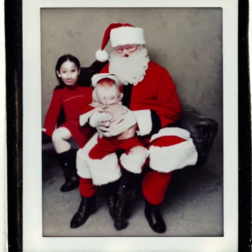 Image similar to santa claus with an evil looking demonic child on his lap, polaroid