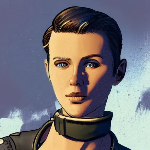 Prompt: character concept art of stoic heroic emotionless handsome blond butch tomboy woman with very short slicked-back hair, no makeup, in dirty and worn flight suit, science fiction, illustration