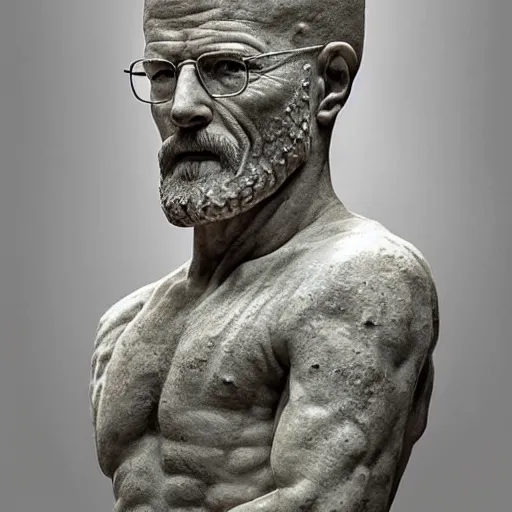 Prompt: an ancient Roman Statue of Walter White aka Heisenberg, made of stone, antiquity, beautiful stonework, high detail