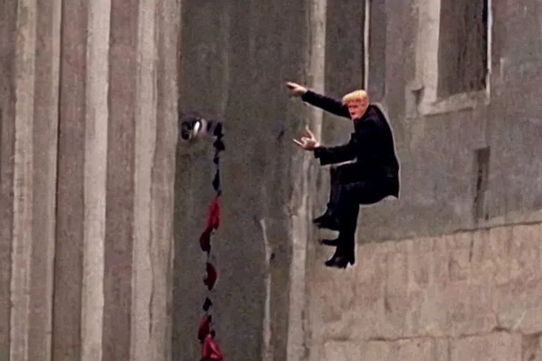 Image similar to movie still of spy donald trump as tom cruise in mission impossible hanging from a cable