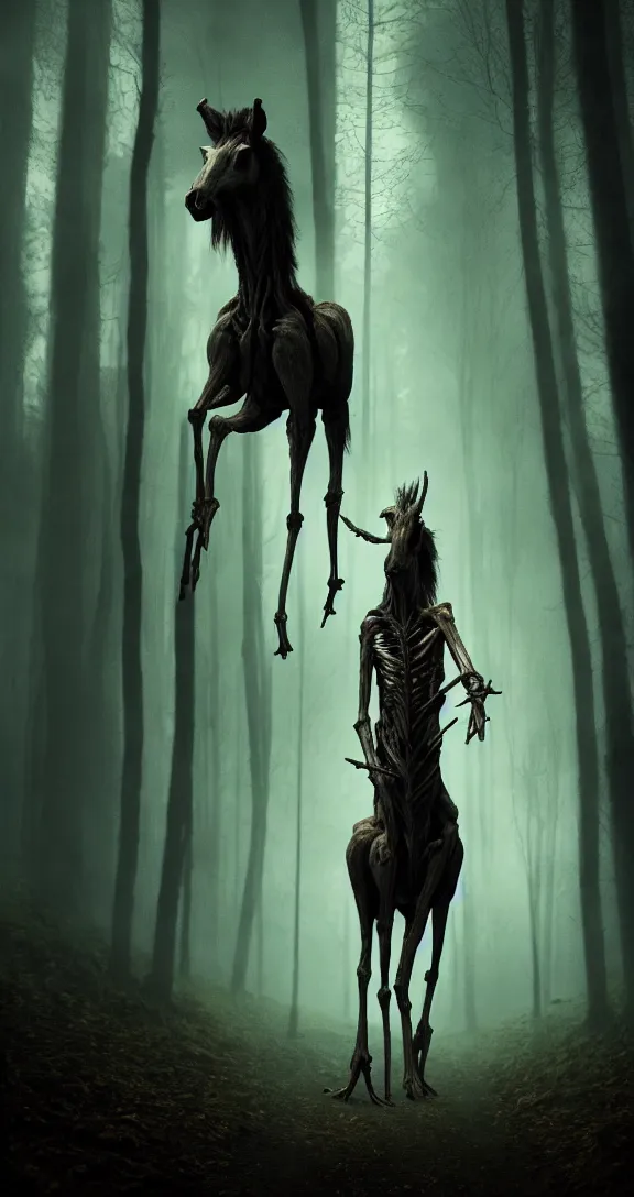 Image similar to a cinema still of a tall, bony humanoid creature with the head and hooves of a horse and disproportionately long limbs with dark gloomy forest in the background shot by guilliermo del toro, horror, dark, natural, hyper detailed, digital art, trending in artstation, cinematic lighting, studio quality,