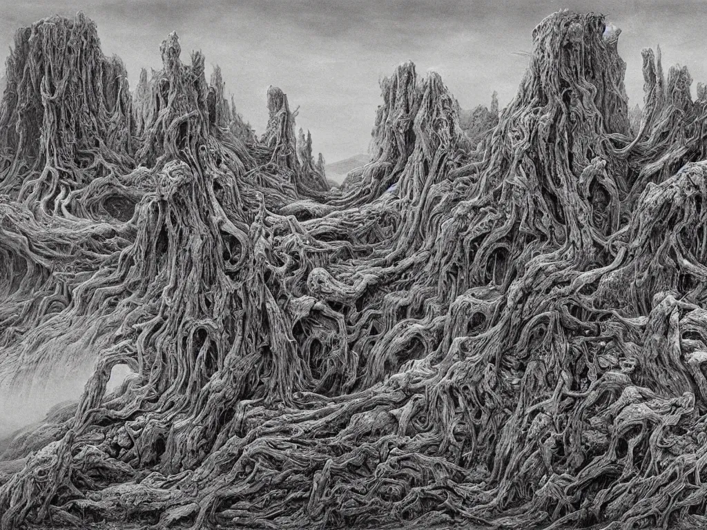 Image similar to landscape by H.R. Giger, Zdzislaw Beksinski, Todd McFarlane