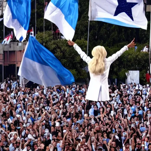 Image similar to Lady Gaga as president, Argentina presidential rally, Argentine flags behind, bokeh, giving a speech, detailed face, Argentina