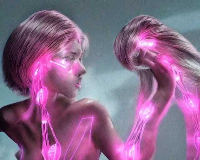 Prompt: glowing hair, complex cybernetic beings, *, * * *, * * * * *