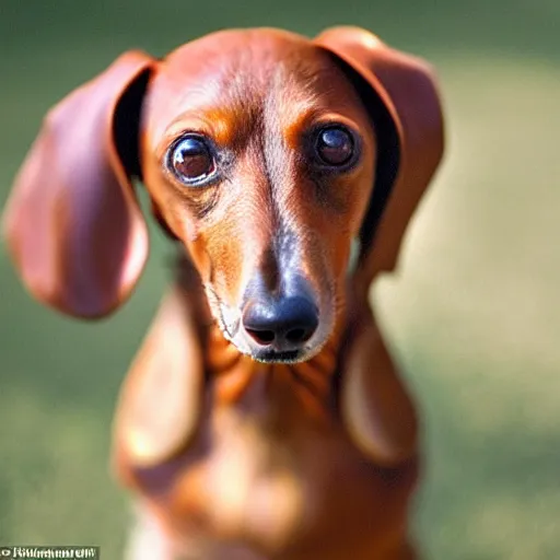 Image similar to sausage dog squinting at the viewer with a knowing look in its eyes, low quality, centered