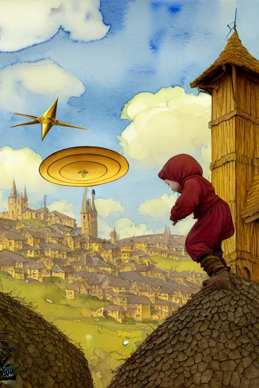 Image similar to a hyperrealist watercolor concept art of an elegant golden ufo in the sky above a small medieval town. one single dirty medieval peasant child is floating away up to the sky. very muted colors, by rebecca guay, michael kaluta, charles vess. high detail, hq, wide shot, 4 k