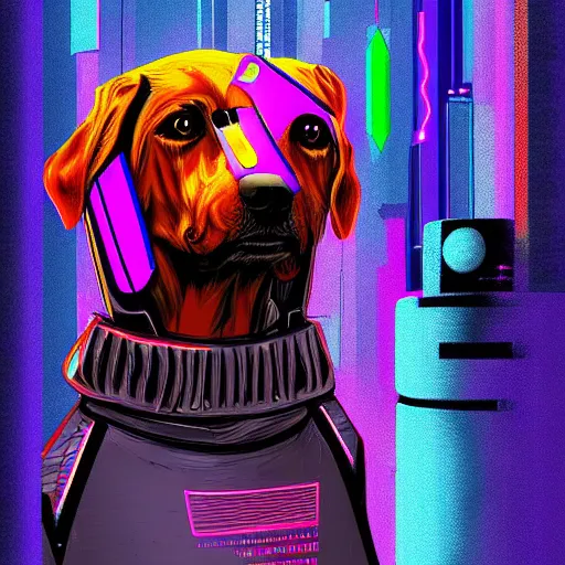 Prompt: cyberpunk dog, digital art