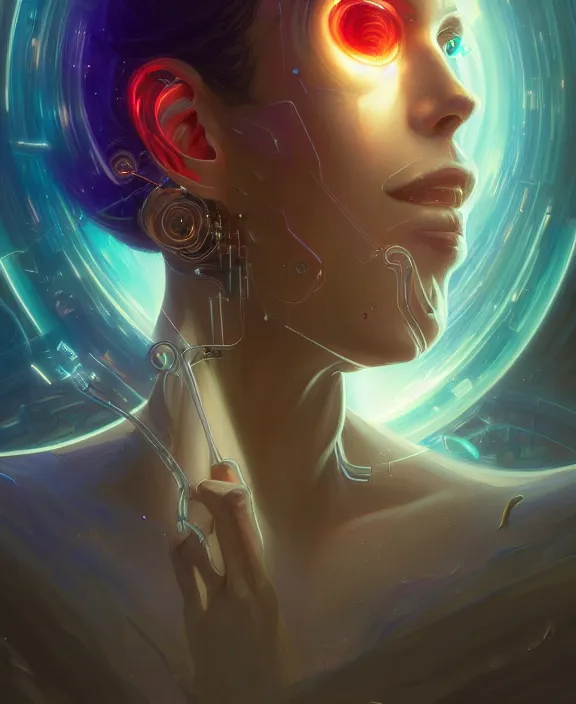 Image similar to a whirlwind of souls rushing inside the metaverse, hologram, half body, neurochip, shaved temple, piercing, jewelry, android, cyborg, cyberpunk face, by loish, d & d, fantasy, intricate, elegant, highly detailed, colorful, digital painting, artstation, concept art, art by artgerm and greg rutkowski and alphonse mucha