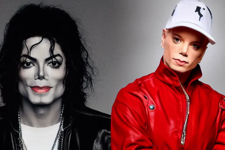 Prompt: michael jackson collabs with eminem to make an epic rap song, coloured background, close up, photorealistic, 8 k