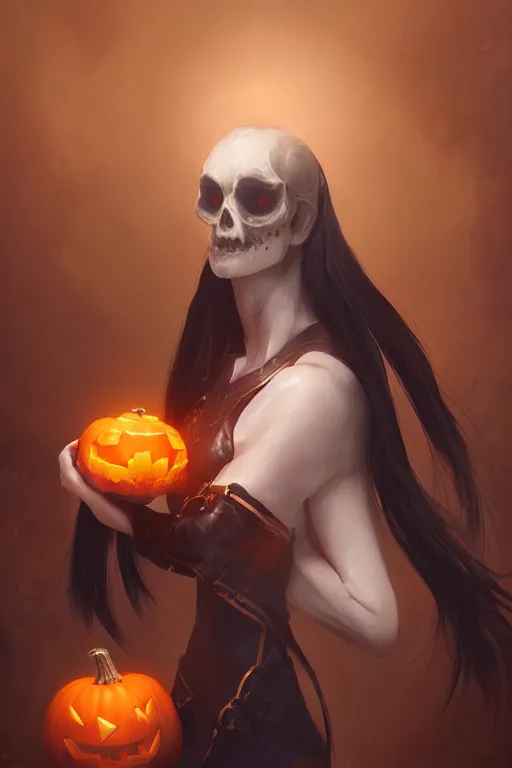 Image similar to portrait of headless horseman holding a pumpkin, halloween night, charlie bowater, artgerm, ilya kuvshinov, krenz cushart, ruan jia, realism, ultra detailed, 8 k resolution