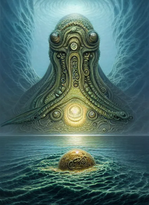 Image similar to cthulu emerging from ocean, a scenic dystopian environment, lovecraftian, intricate, elegant, highly detailed, centered, digital painting, artstation, concept art, smooth, sharp focus, illustration, artgerm, tomasz alen kopera, peter mohrbacher, donato giancola, joseph christian leyendecker, wlop, boris vallejo