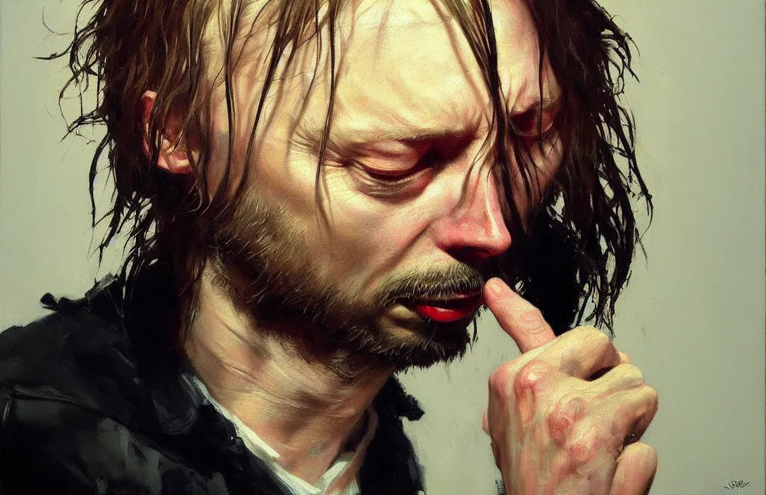 Image similar to portrait of thom yorke!!!!!!!!!!!!!!!!!!!!!!!!!!!, detailed face, detailed painting, epic lighting, by ilya repin, phil hale and kent williams