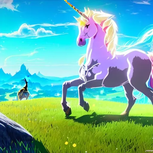 Prompt: beautiful majestic unicorn in the style of legend of zelda breath of the wild, 4 k, hd, hq