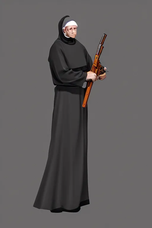 Image similar to male nun with a gun, Character design