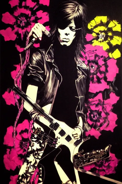 Image similar to the velvet underground and nico playing live on stage at a night club, beautiful stage decoration with flowers in the background, painting by yoji shinkawa, very detailed and colorful and toned down and ornamental and moody and cool and relaxed and high on drugs, trending on artstation, behance contest winner