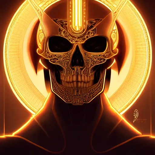 Prompt: symmetry!! portrait of golden! skull warrior, tech wear, glowing lights!! intricate, elegant, highly detailed, digital painting, artstation, concept art, smooth, sharp focus, illustration, art by artgerm and greg rutkowski and alphonse mucha