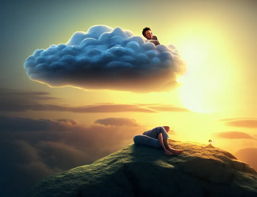 Prompt: a man sleeping on top of a cloud, morning sunrise, digital art, concept, radiant light, soft highlights, smooth render, unreal engine render, rutkowski ilya krenz nixeu wlop.