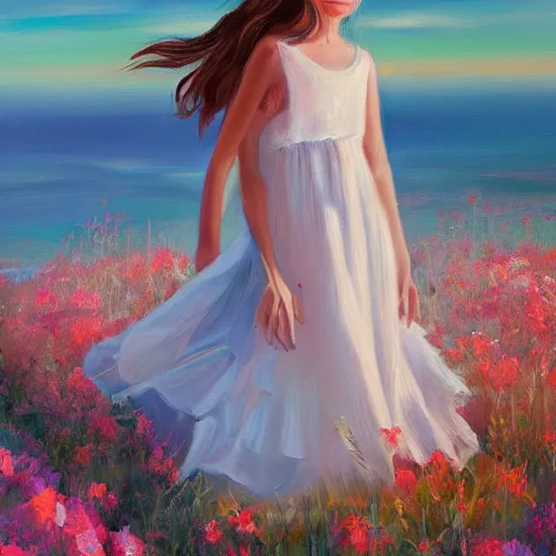 Image similar to an influencer girl portrait in long white dress, sunset, flowers, ocean in distance, oil painting, pale colors, high detail, 8 k, wide angle, trending on artstation,