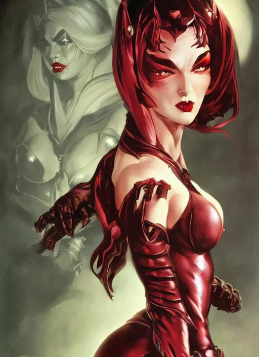 Image similar to portrait of a beautiful vampire lady, armor plating, painted by frank frazetta and artgerm