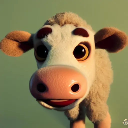 Image similar to cute furry cow character, 3d render by Pixar, raytracing, 4k, movie still