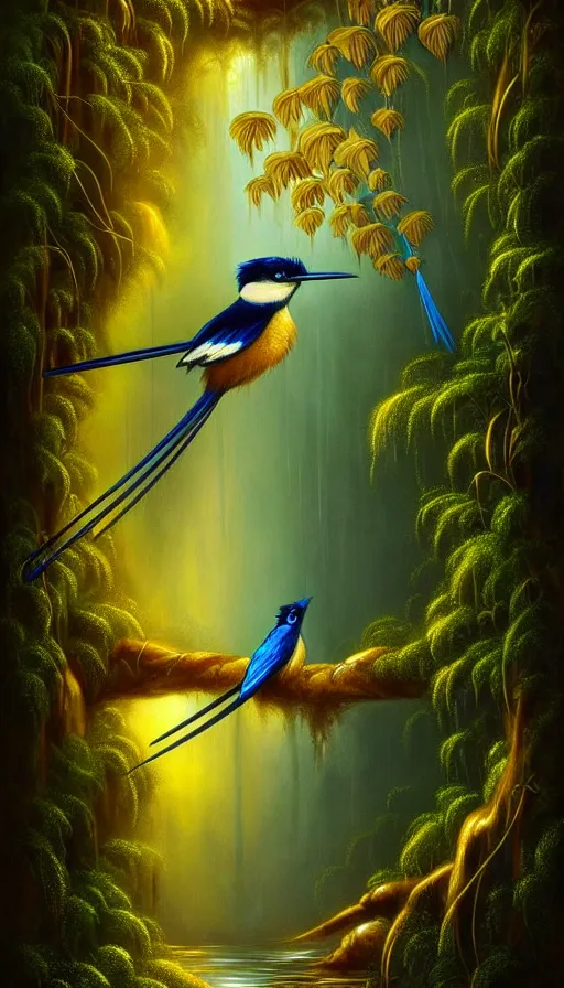 Image similar to paradise flycatcher, lush forest, gold, gems, dramatic lighting, waterfall, denoised, gothic architecture, baroque, painted by the best artists of artstation, best art in the world