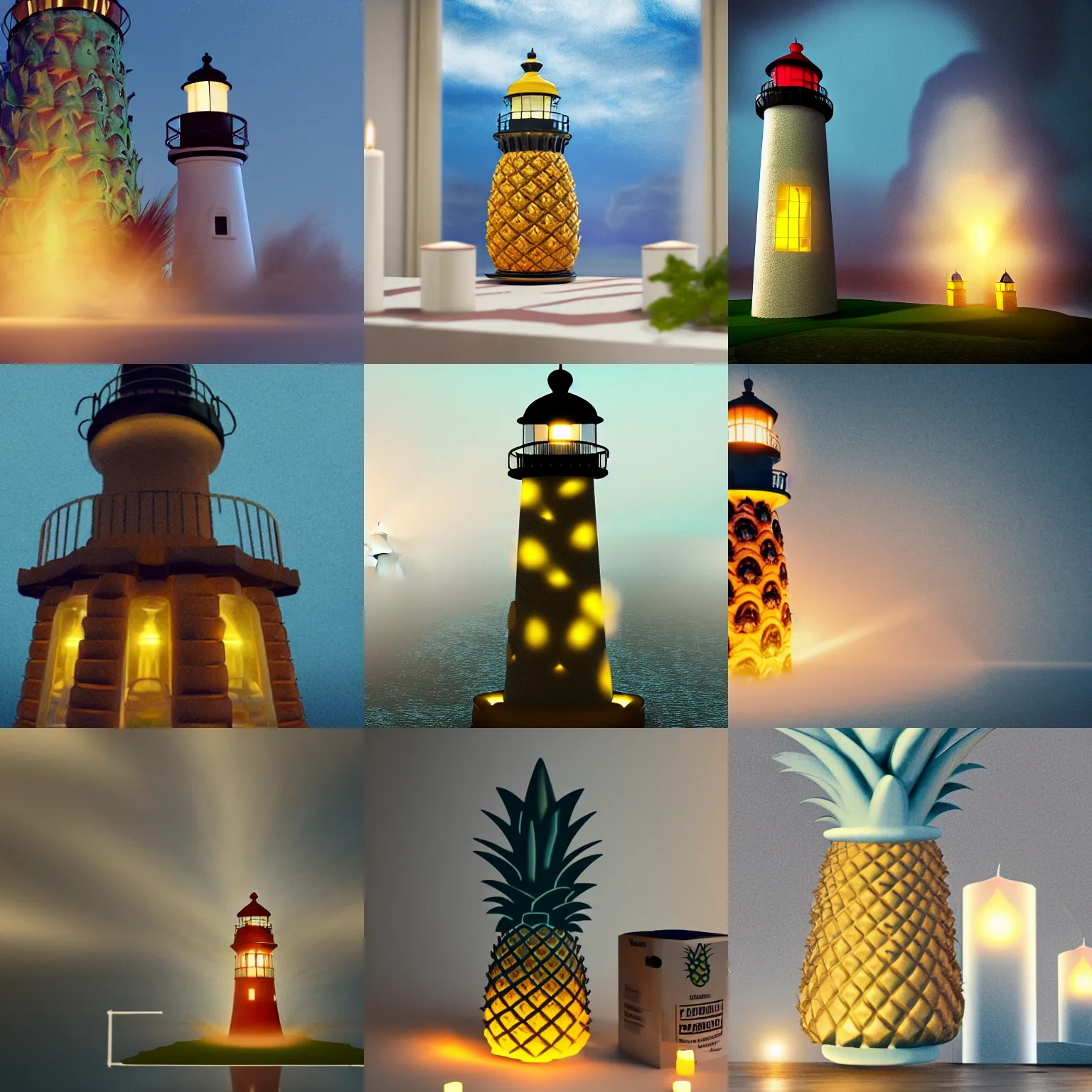 Prompt: a pineapple shaped lighthouse, swirling mist, candles, epic lighting, render