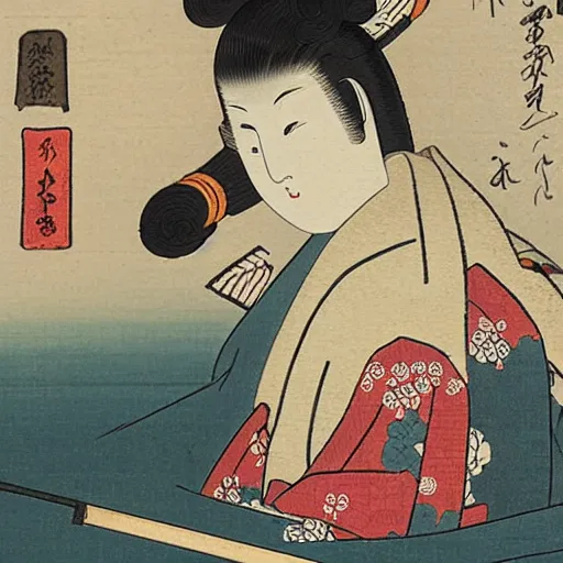 Prompt: ukiyo - e painting of a lady using google maps while climbing up mount fuji in edo period