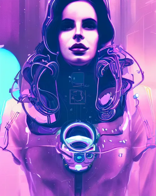 Image similar to portrait of lana del rey as a cyberpunk cyborg. sci - fi intricate abstract. intricate artwork, tear drops, roses, by tooth wu, wlop, beeple, dan mumford. concept art, octane render, trending on artstation, greg rutkowski, asymmetrical, cinematic arthouse, key art, hyper realism, iridescent accents