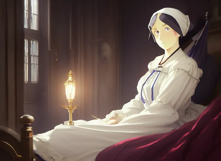 Prompt: victorian britain 1 8 3 6, 1 6 year old florence nightingale, has a vision of god telling her to become a nurse, in a luxurious english victorian bedroom, night time, lamp light, finely detailed perfect art, gapmoe yandere grimdark, trending on pixiv fanbox, painted by greg rutkowski makoto shinkai takashi takeuchi studio ghibli