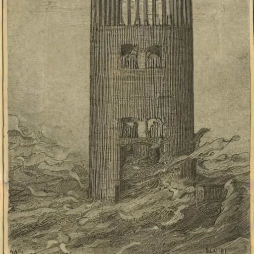 Prompt: A thunderbolt striking the tower of Babylon