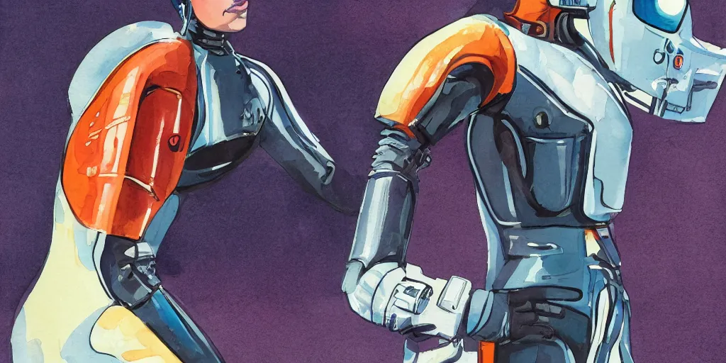 Image similar to woman, full body, wide shot, modern space suit, intriguing helmet, stylized character design, the expanse tv series, large shoulders, short torso, long thin legs, tiny feet, science fiction, hyperdetailed, technical suit, dieselpunk, watercolor digital painting, in the style of bruce timm, by alex maleev