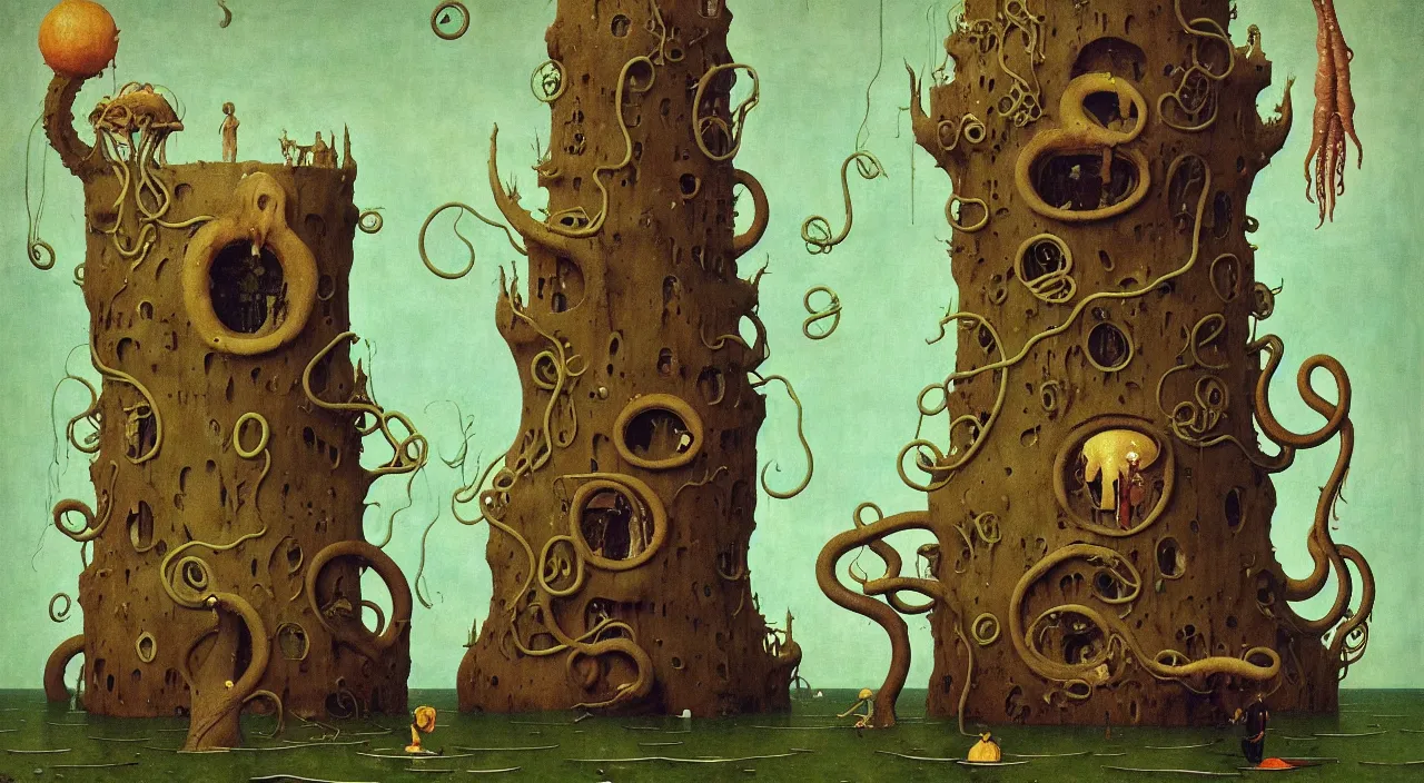 Image similar to single flooded simple!! tentacle gourd tower anatomy, very coherent and colorful high contrast masterpiece by norman rockwell franz sedlacek hieronymus bosch dean ellis simon stalenhag rene magritte gediminas pranckevicius, dark shadows, sunny day, hard lighting