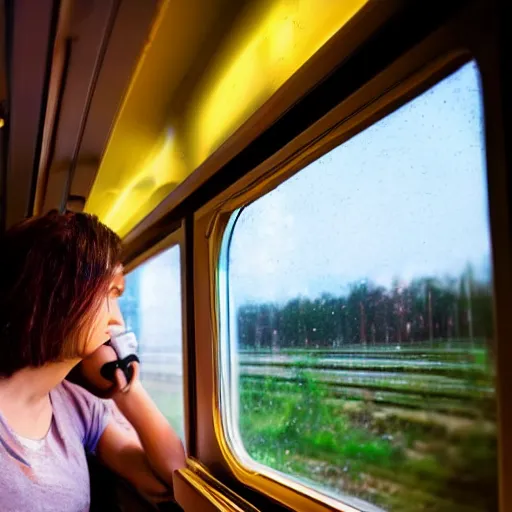 Image similar to a beautiful woman sitting in a train and looking outside of window seeing a milky way